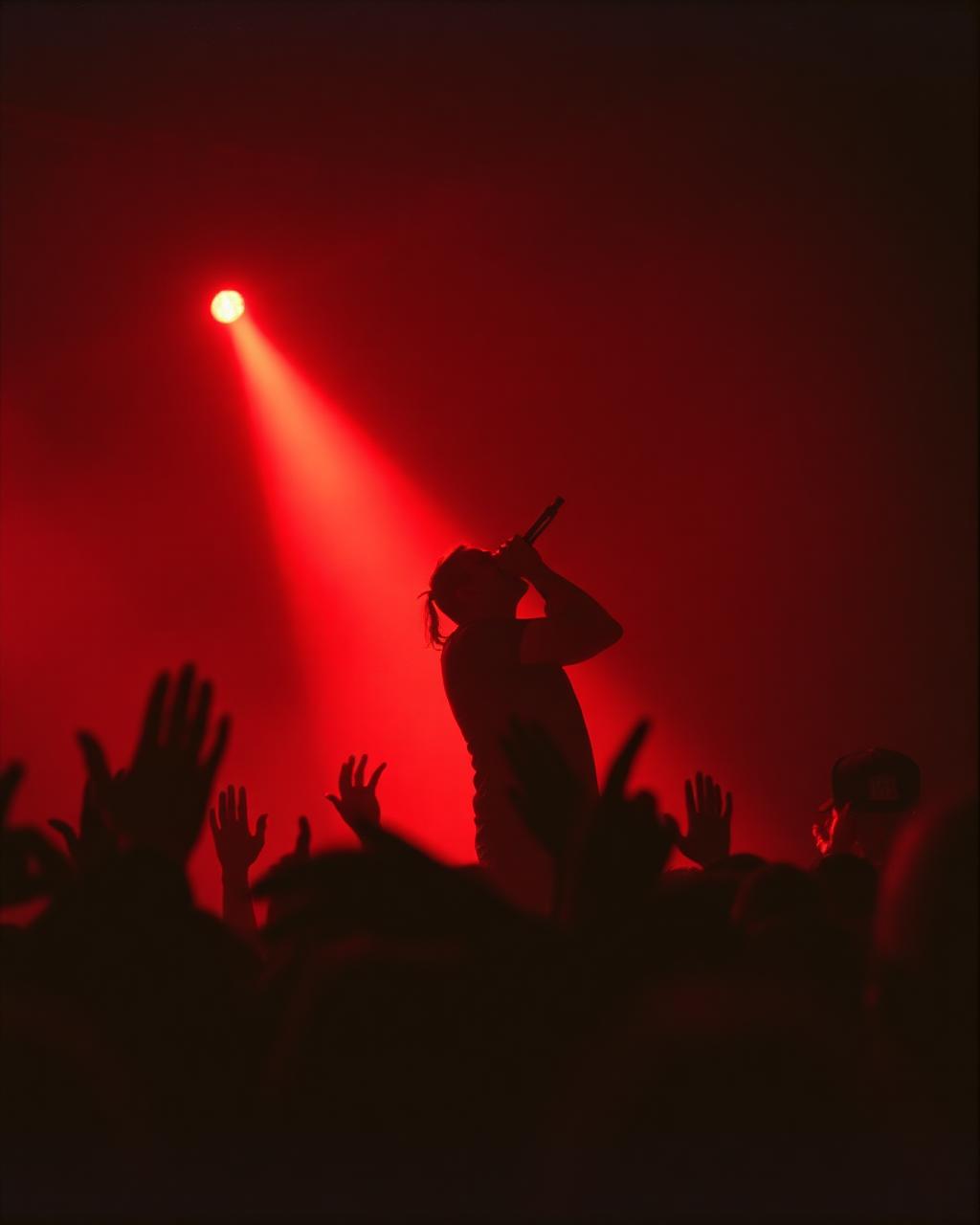 Vocalist silhouette under red strobe